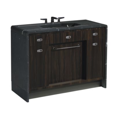 Shown is the Jeton Vanity in Blanche Lacquer, Vanity Top in Statuary White, Vanity Hardware in Nickel Silver, Basin in Stucco White, Basin Set in Nickel Silver