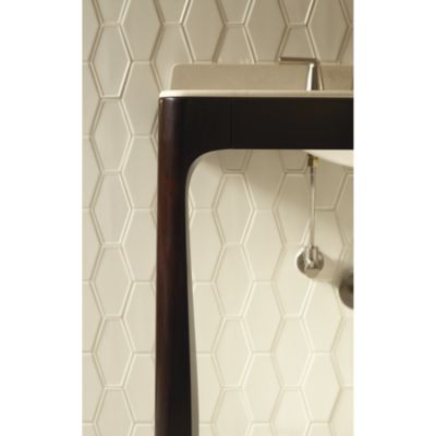 Shown is the Counterpoint Console Table in Java, Counterpoint Console Table Top in Statuary White, Counterpoint Basin Set in Chrome