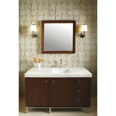 Shown is the Vir Stil 1.5 Vanity in Black Walnut, Grigio Limestone Vanity Pre-cut Top, and Bronze Basin Set, Drawer Pulls and Vanity Base