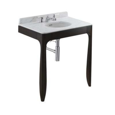 Shown is the Counterpoint Console Table in Java, Counterpoint Console Table Top in Statuary White, Counterpoint Basin Set in Chrome