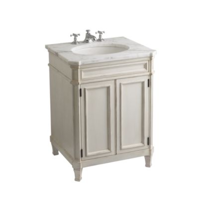 Shown is the Bellis Wood Vanity in Chestnut, with a Bellis Marble Top in Bleu De Chine, Citizen Small Undercounter Basin and Bellis Noble Basin Set with Cross Handles