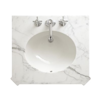 Shown is the Bellis Pre-cut Marble Vanity Top in Bleu De Chine, with Citizen Small Undercounter Basin and Bellis Noble Basin Set with Cross Handles