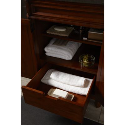 Shown is the Bellis Wood Vanity in Chestnut, with a Bellis Marble Top in Bleu De Chine, Citizen Small Undercounter Basin and Bellis Noble Basin Set with Cross Handles