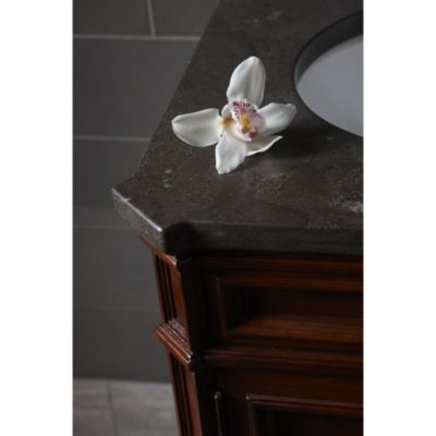Shown is the Bellis Pre-cut Marble Vanity Top in Bleu De Chine, with Citizen Small Undercounter Basin and Bellis Noble Basin Set with Cross Handles