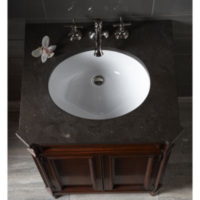 Shown is the Bellis Pre-cut Marble Vanity Top in Bleu De Chine, with Citizen Small Undercounter Basin and Bellis Noble Basin Set with Cross Handles