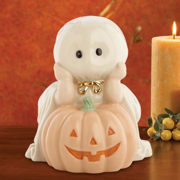 Scary Ghost Leaning on Pumpkin Halloween Sculpture