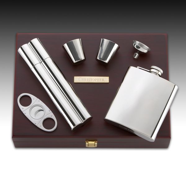 Gorham 5-piece Flask/Cigar Set in Wood-finish Box