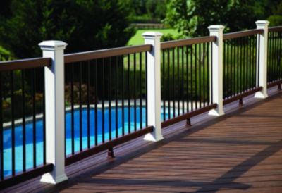 Transcend beveled deck rail in Tree House brown with black aluminum balusters