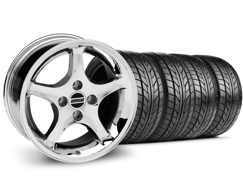 Staggered Chrome 1995 Style Cobra R Wheel & NITTO Tire Kit - 17x8/10 (87-93; Excludes 93 Cobra)