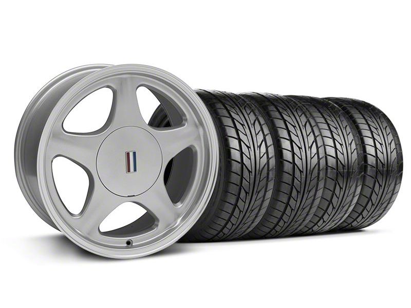 Staggered Silver w/Machined Lip Pony Style Wheel & NITTO Tire Kit- 17x8/10 (87-93; Excludes 93 Cobra)