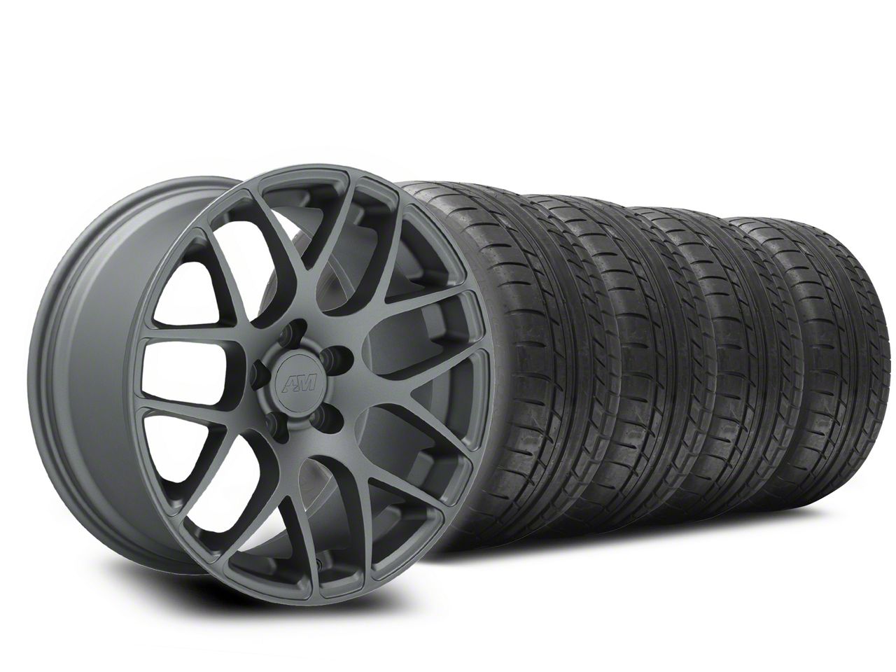 Staggered Charcoal AMR Wheel & Mickey Thompson Tire Kit - 18x9/10 (05-14 All)