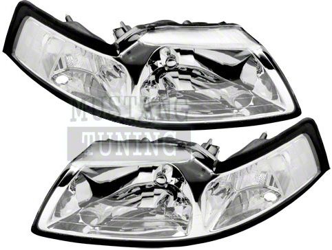 Chrome Mustang Headlights with Clear Corners (99-04)