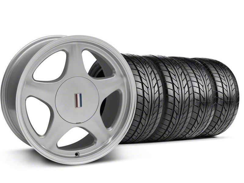 Staggered Silver w/Machined Lip Pony Style Wheel & NITTO Tire - 5 Lug Kit - 17x8/10 (87-93; Excludes 93 Cobra)