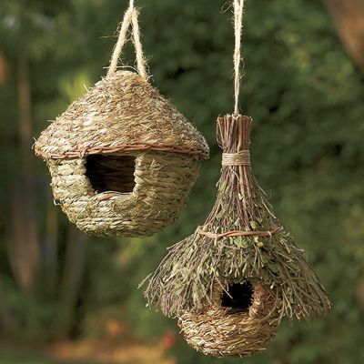 natural round hut and leafy chalet birdhouses