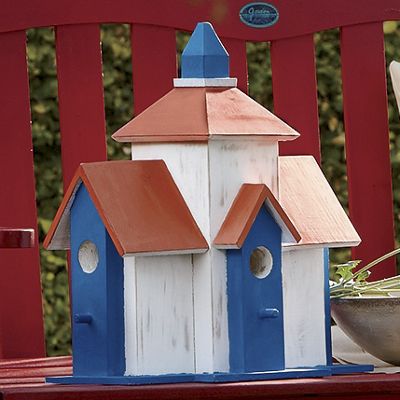red white blue wooden birdhouse