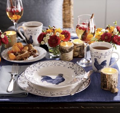 16 Piece Rooster Toile Blue Dinnerware Set