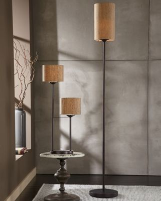 cork table and floor lamps