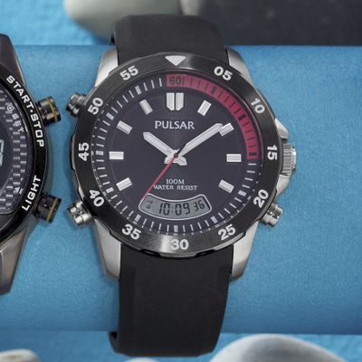 black round rubber strap analog digital watch by pulsar