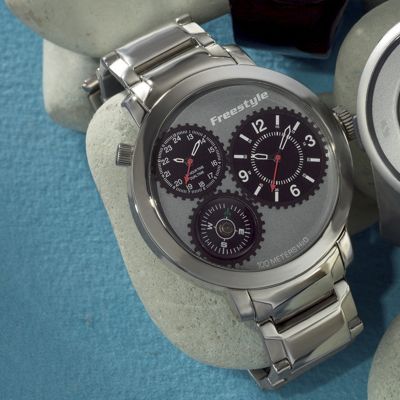 dual time silvertone bracelet watch by freestyle