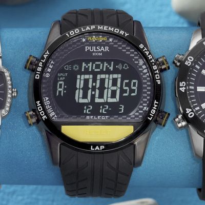 black round rubber strap digital watch by pulsar