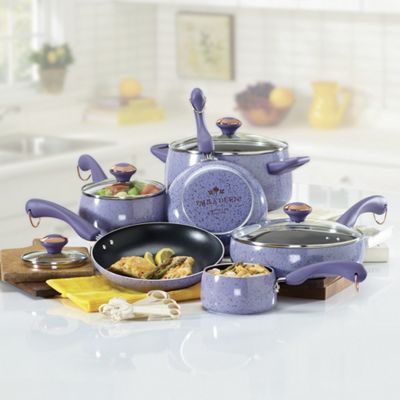 paula deen 15 pc aluminum cookware set with speckled porcelain exterior with rebate