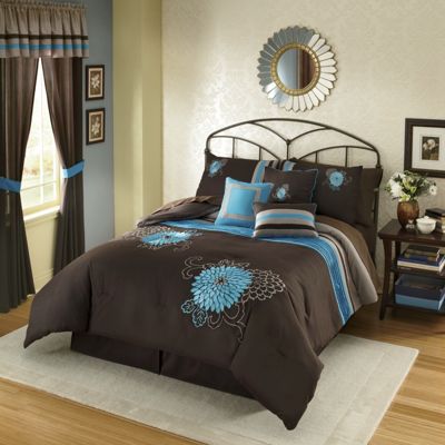 Blue Dahlia 7 piece Embroidered Bed Set and Window Treatments