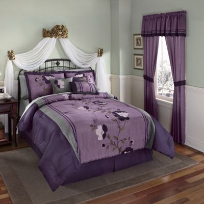 Patricia Purple Embroidered Bed Set Valance And Panel Pair