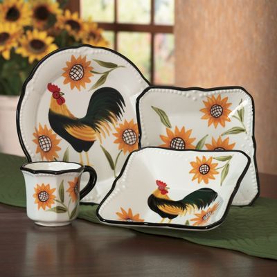 Dinnerware 16 Pc Hand Painted Rooster Sunflower Set