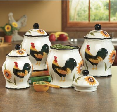 Canisters Set Of 4 Hand Painted Rooster Sunflower