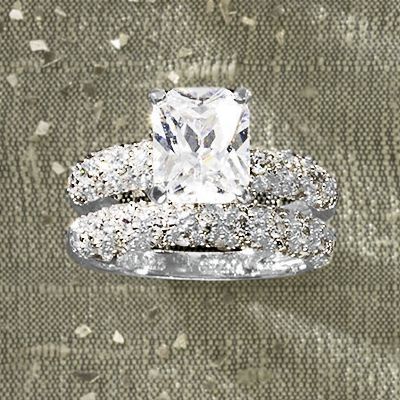 White Topaz Emerald Cut Round Bridal Set