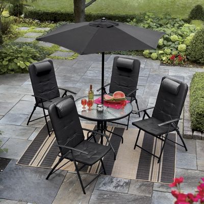 6 pc Patio Table Set With Folding Chairs And Umbrella