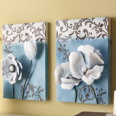 Set Of 2 Blue Floral Plaques Flowers In Three Dimensions