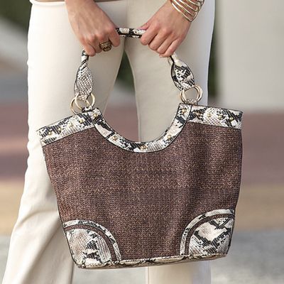 straw handbag with faux snakeskin trim