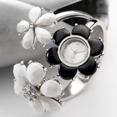 black and daisy hinged bangle watch