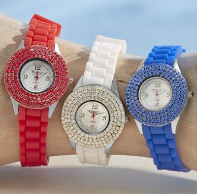 crystal round rubber strap watch