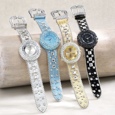 round crystal stud buckle strap watch