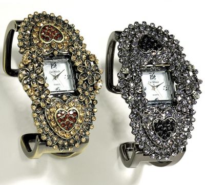 Crystal Heart Hinged Cuff Watch