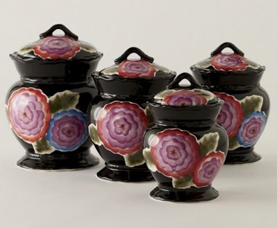 Canisters 4 Pc Black Floral Set