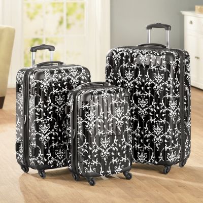 3 pc Black Floral Hardside Luggage Set