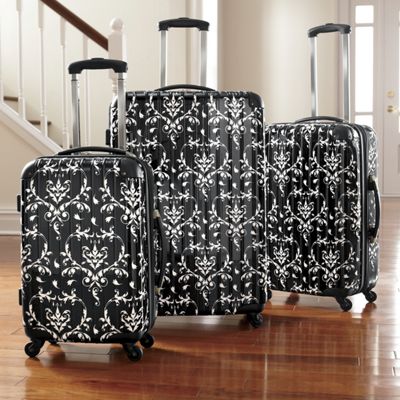 3 pc Black Floral Hardside Luggage Set