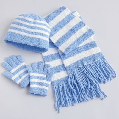 Hat Scarf and Gloves White and Blue 3 Pc Set
