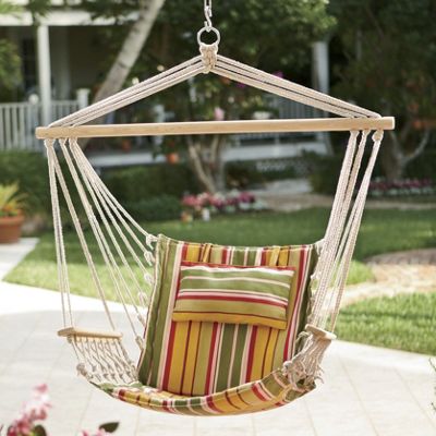 hanging chair with cabana striped pillow