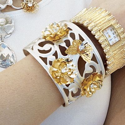 Two tone Floral Teardrop Cuff