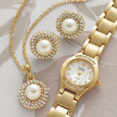 Faux Pearl and Crystal Watch Pendant and Earring Set