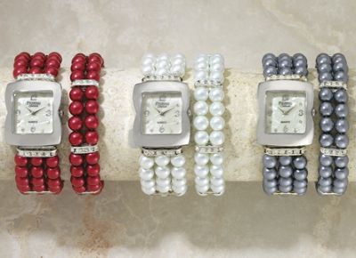 Faux Pearl Stretch Watch And Bracelet Set