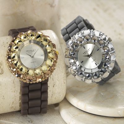 sunburst crystal rubber strap watch