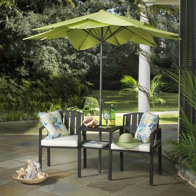 Wrought Iron Chair Table Set and Palm Tree Umbrella