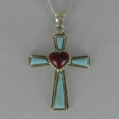 Turquoise and Coral Cross Pendant