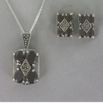 Marcasite and Onyx Pendant and Earrings