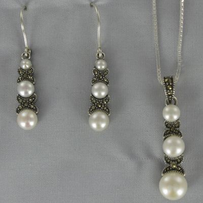 Marcasite and Fresh Water Pearl Pendant and Earrings
